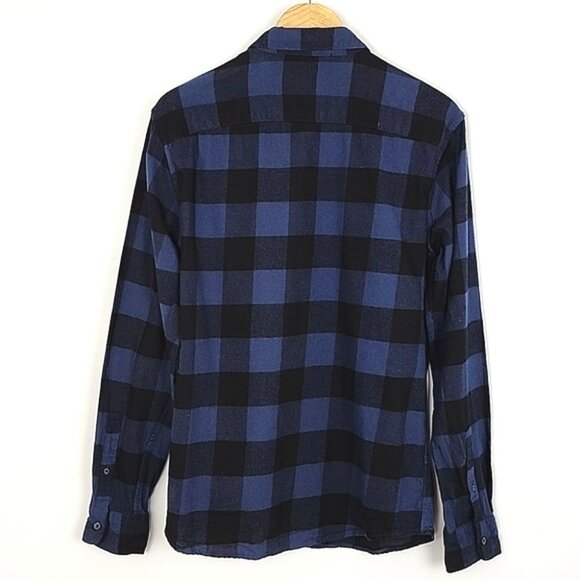 Only & Sons Men's Button Up Flannel Cotton Shirt Slim Blue Black Checkered Sz L - Picture 4 of 12